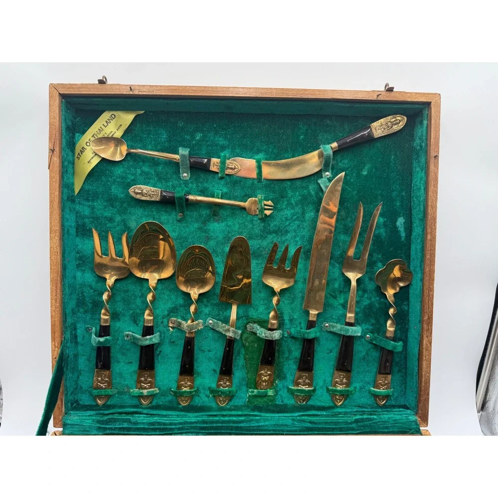 MID-CENTURY THAILAND BRONZE SIAM FLATWARE SILVERWARE SET 140+ PC BOX